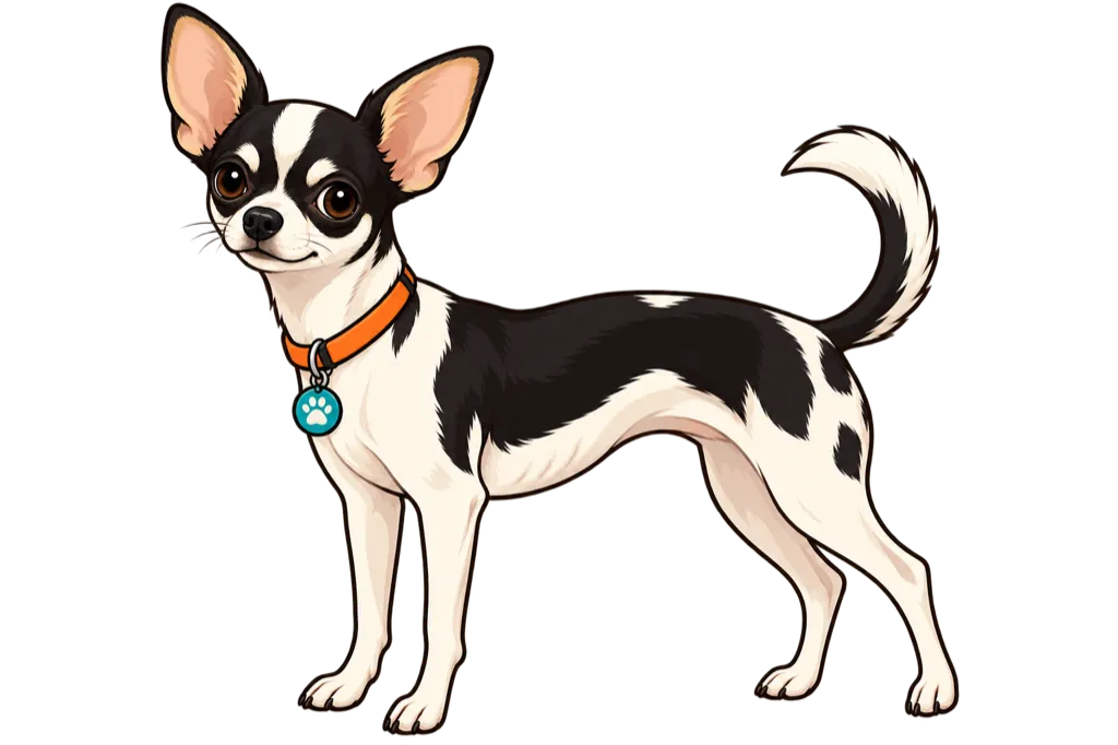 Illustration eines dünnen Hundes im Profil, Rippen sichtbar und sehr ausgeprägte Taille.