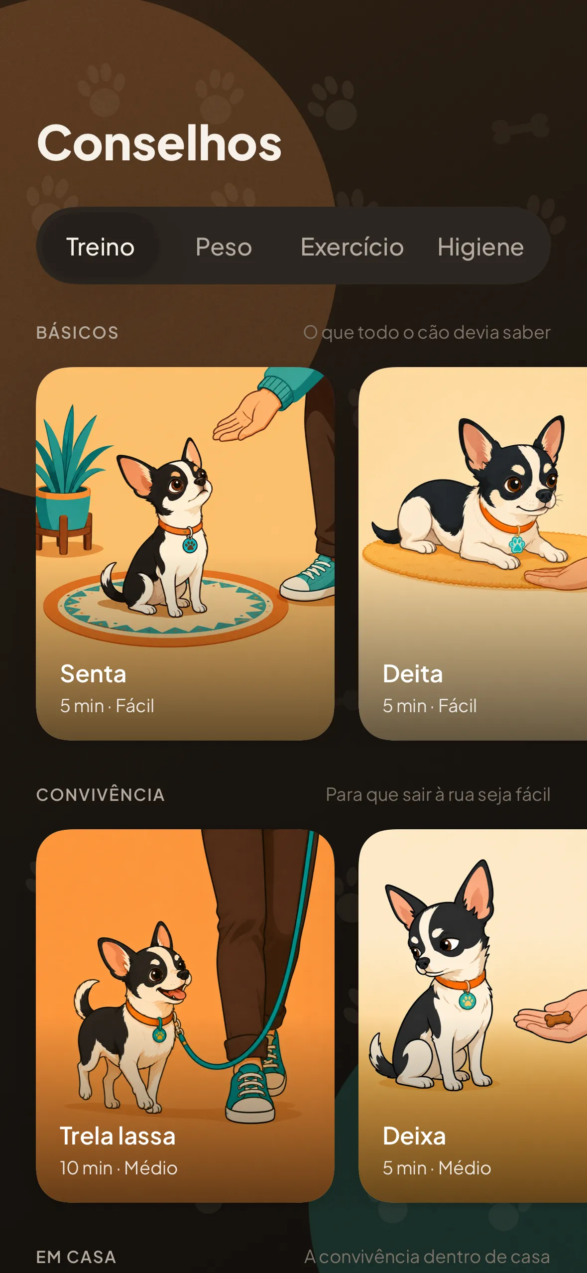 O ecrã de conselhos: os separadores por categoria e os cartões de treino com a duração e a dificuldade.
