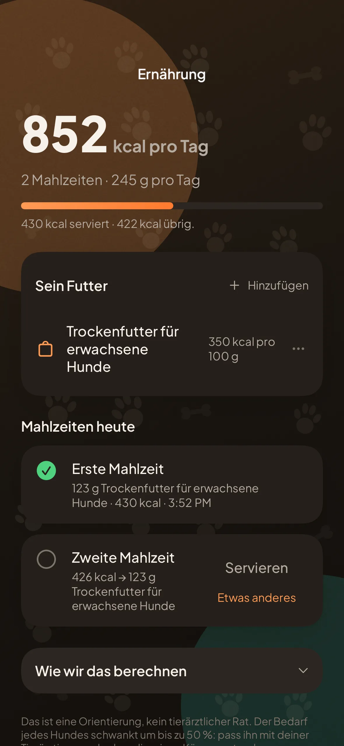 Der Ernährungsbildschirm: die Gramm pro Tag, die Kalorien, das aktive Futter und die heute servierten Mahlzeiten.