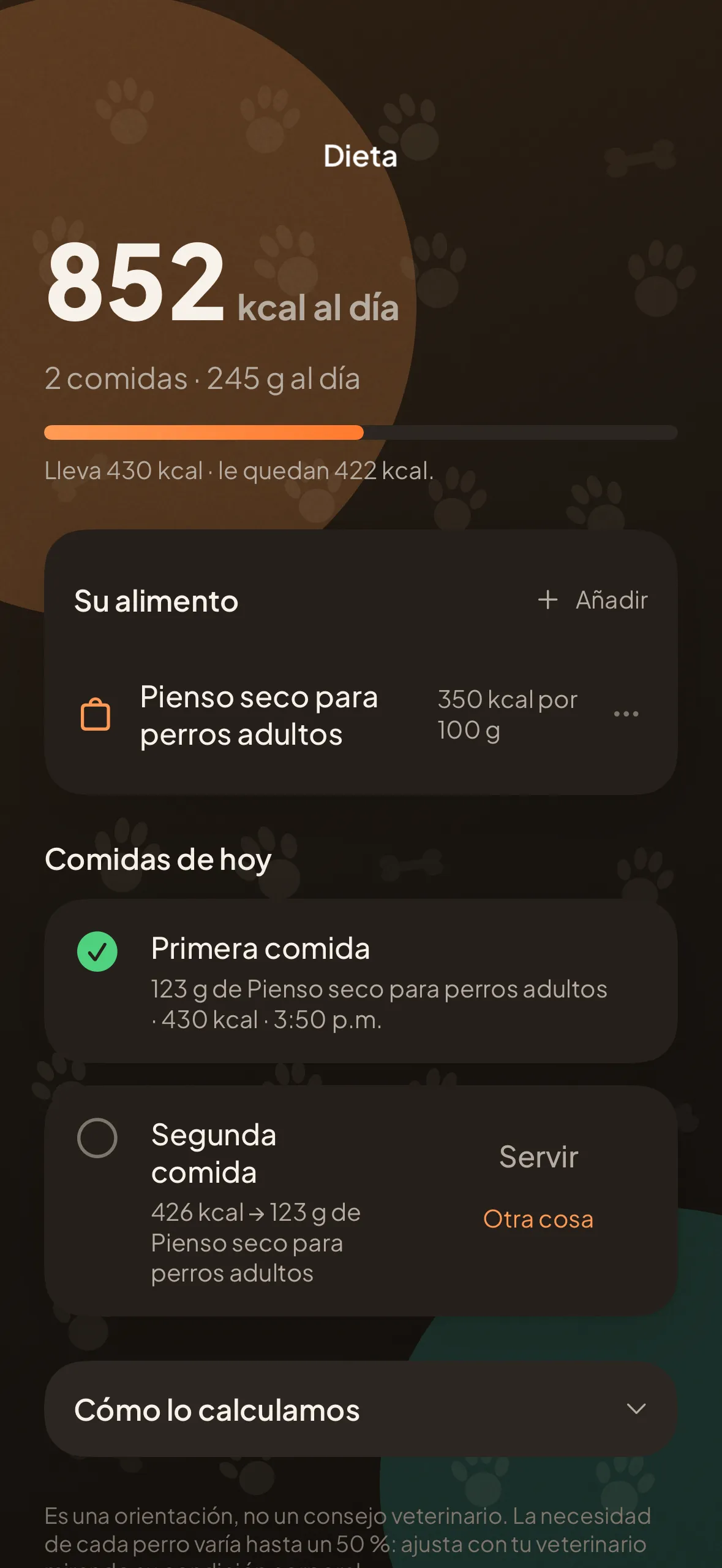 La pantalla de dieta: los gramos al día, las calorías, el alimento activo y las comidas servidas hoy.