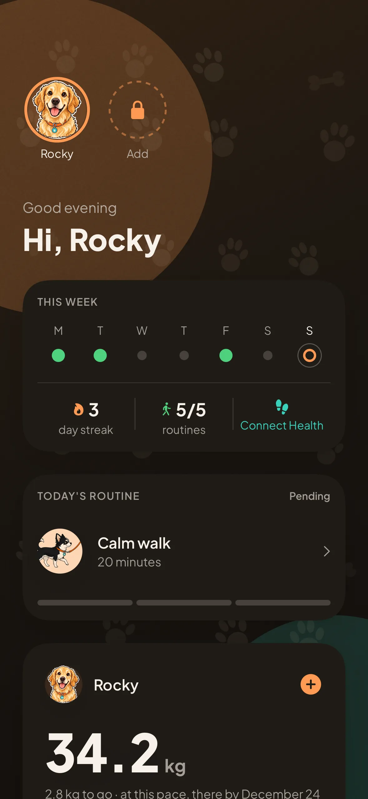 The Kanid dashboard on an iPhone: the greeting, the week of routines, today’s routine and Rocky’s current weight, 34.2 kg.