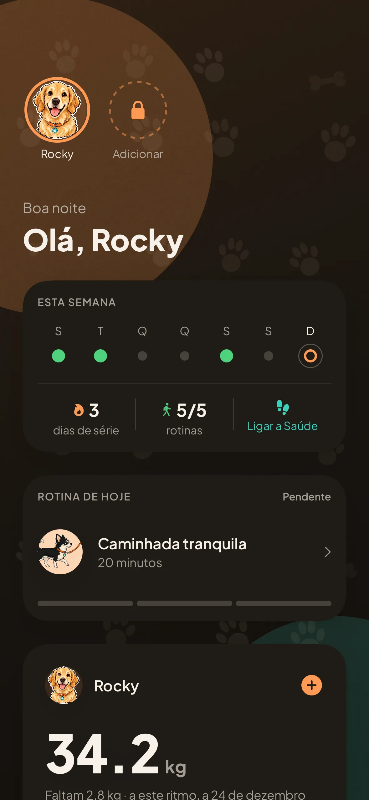 O painel do Kanid num iPhone: o cumprimento, a semana de rotinas, a rotina de hoje e o peso atual do Rocky, 34,2 kg.