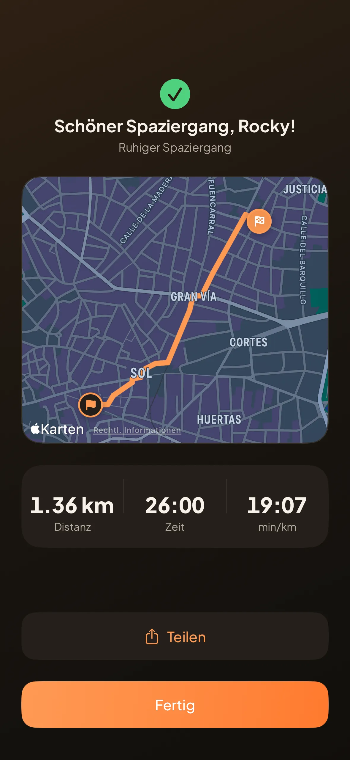 Die Spaziergang-Zusammenfassung: die Strecke auf der Karte mit Distanz, Zeit und Minuten pro Kilometer.