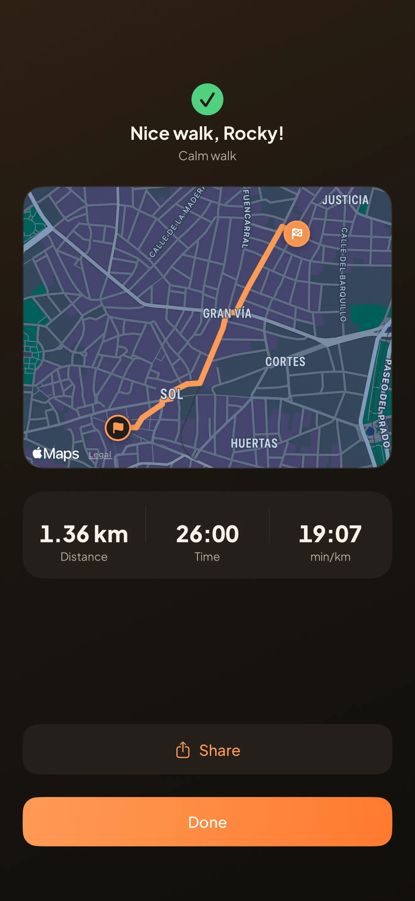 The walk summary: the route drawn on the map with the distance, the time and the minutes per kilometre.