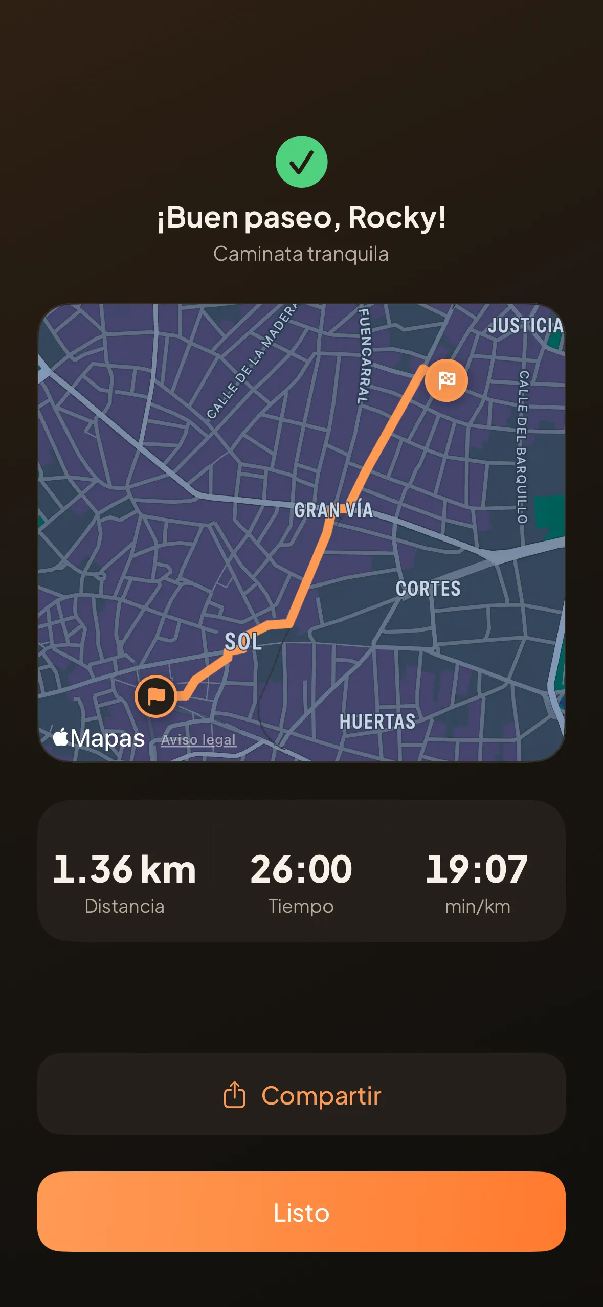 El resumen del paseo: el recorrido dibujado sobre el mapa con la distancia, el tiempo y los minutos por kilómetro.