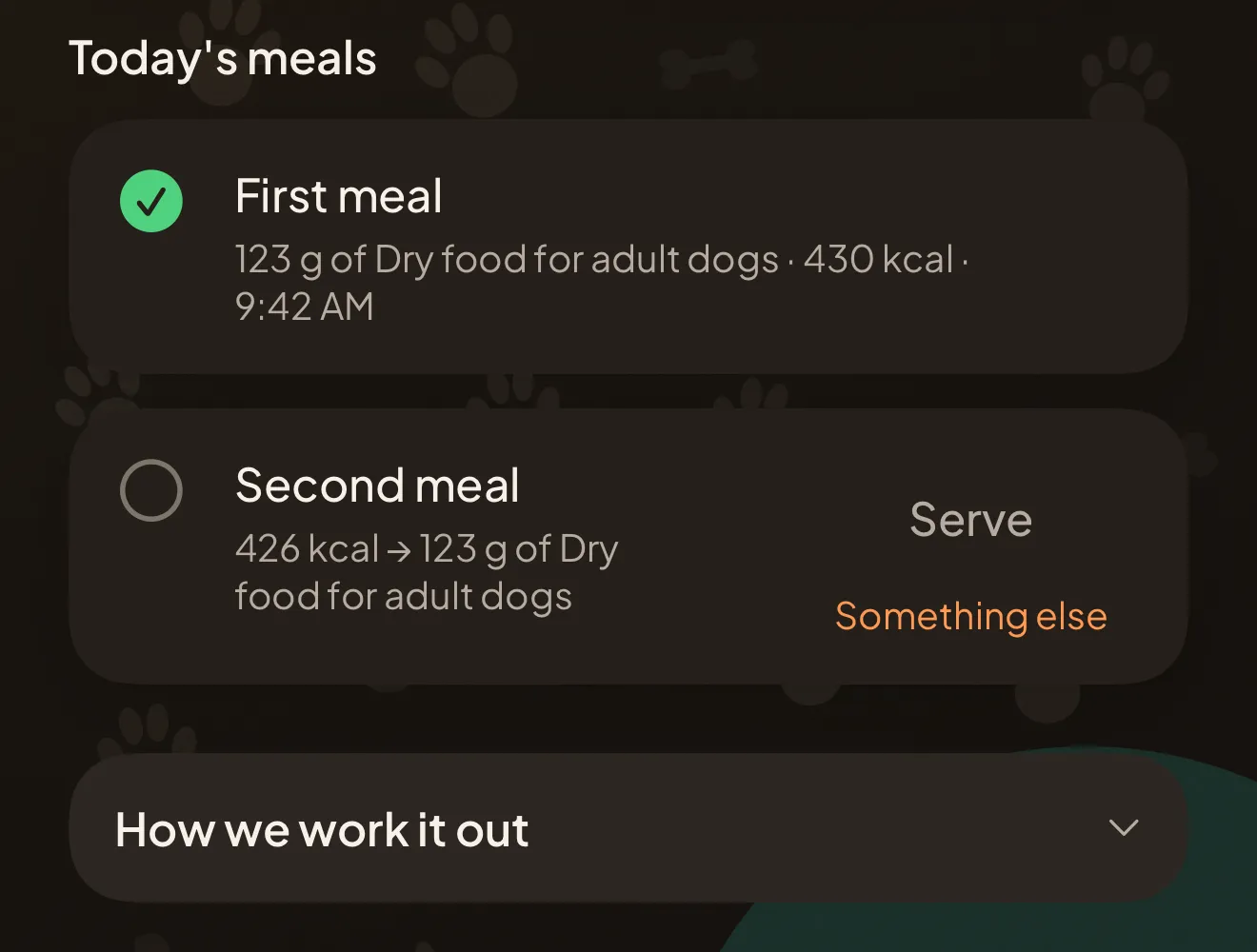 Today’s meals in the app: the first one served and ticked off, the second one still to go, and the drop-down with the workings.