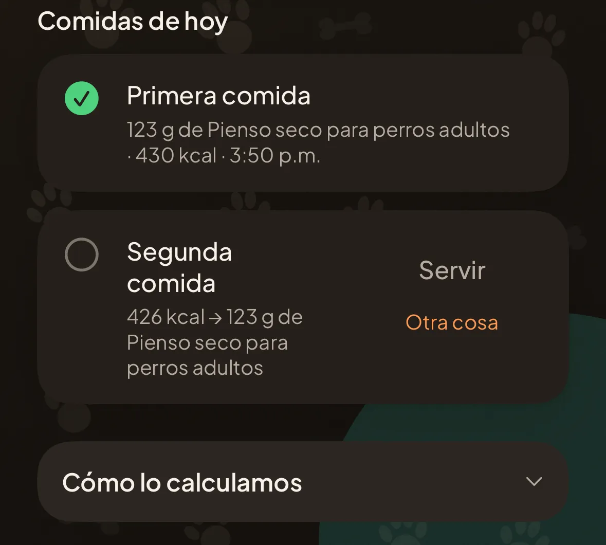 Las comidas de hoy en la app: la primera servida y marcada, la segunda todavía pendiente, y el desplegable con el cálculo.