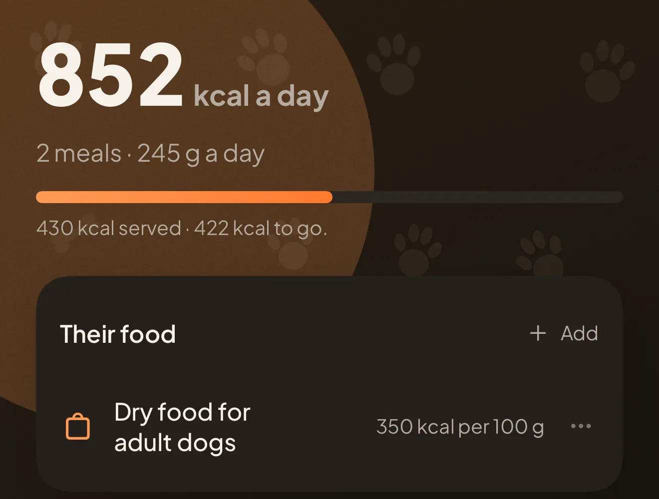 The ration in the app: 852 kcal a day, two meals, 245 g a day, 430 kcal already served, and the food they are worked out from.