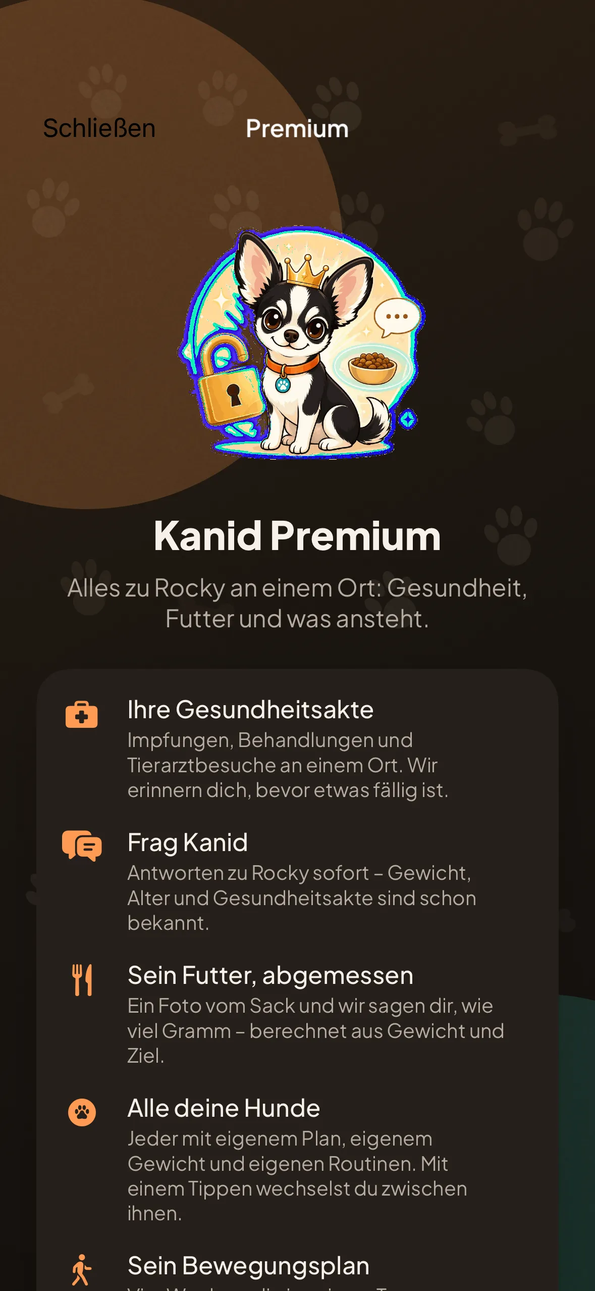 Der Kanid-Premium-Bildschirm mit seinen fünf Vorteilen als Liste.