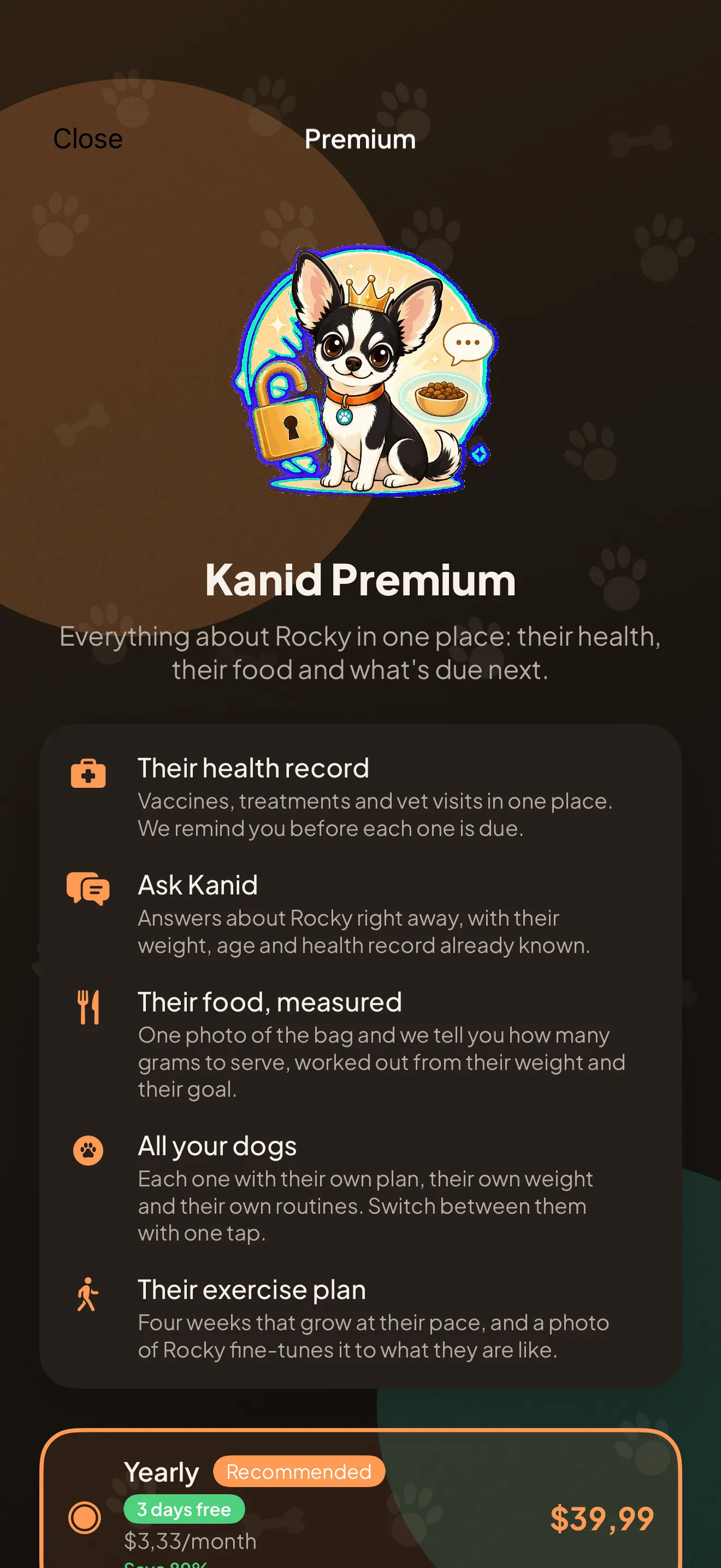 The Kanid Premium screen with its five benefits listed.