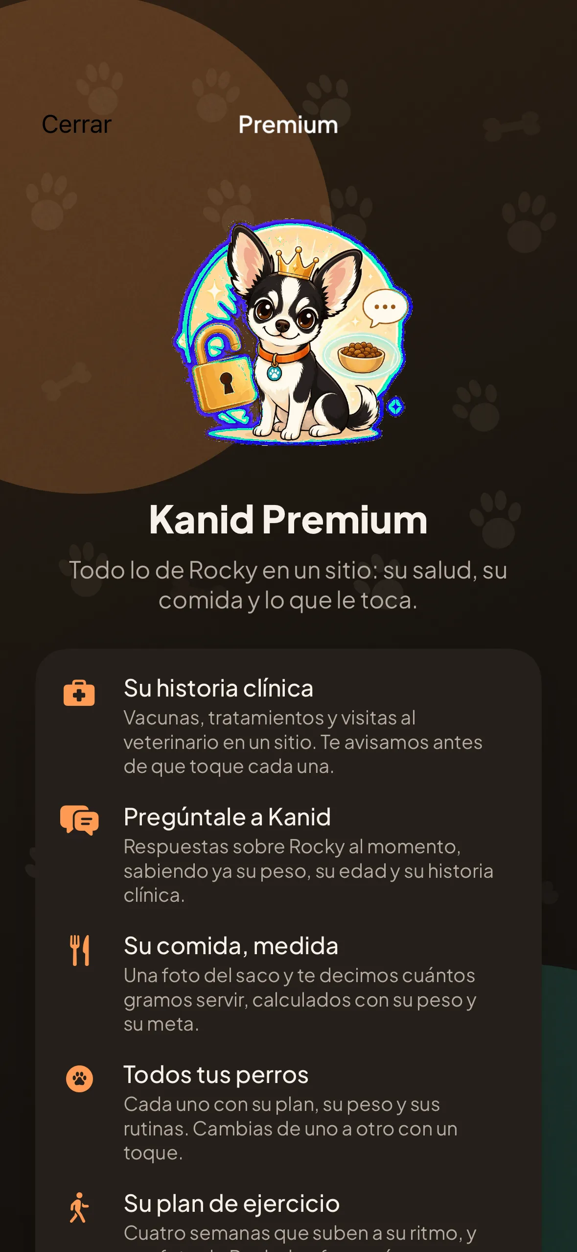 La pantalla de Kanid Premium con sus cinco beneficios en lista.