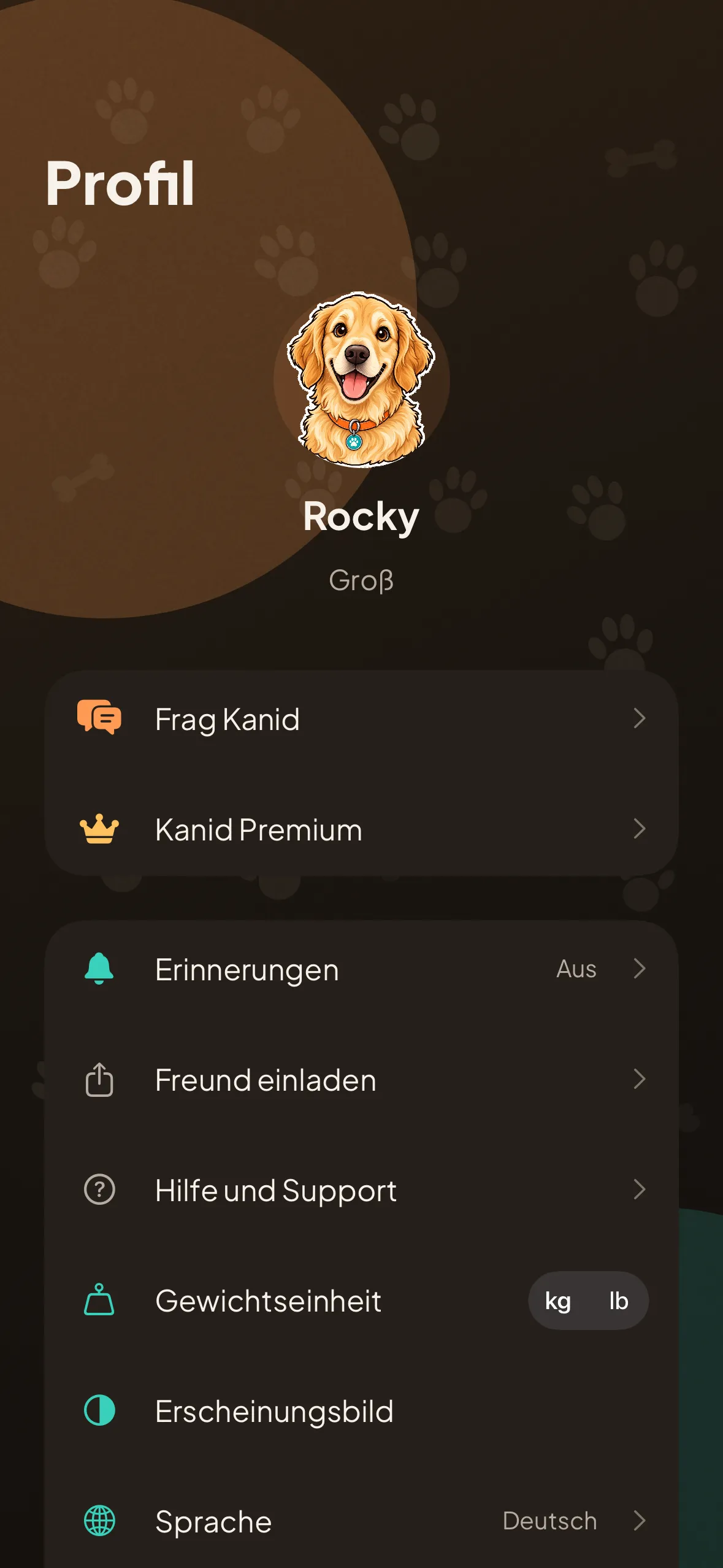 Der Profilbildschirm: der Hund, die Gewichtseinheit in Kilogramm oder Pfund, die Sprache und die Erinnerungen.