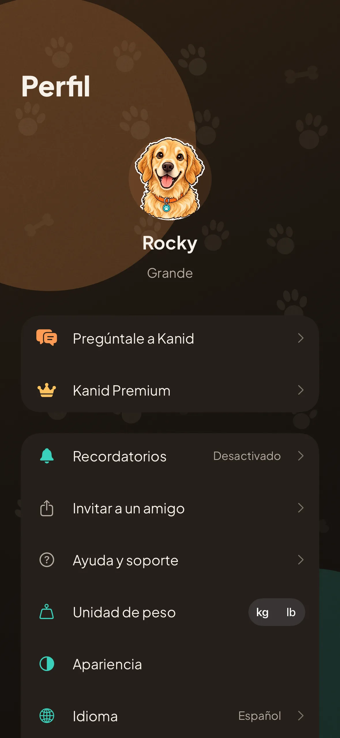 La pantalla de perfil: el perro, la unidad de peso en kilos o libras, el idioma y los recordatorios.
