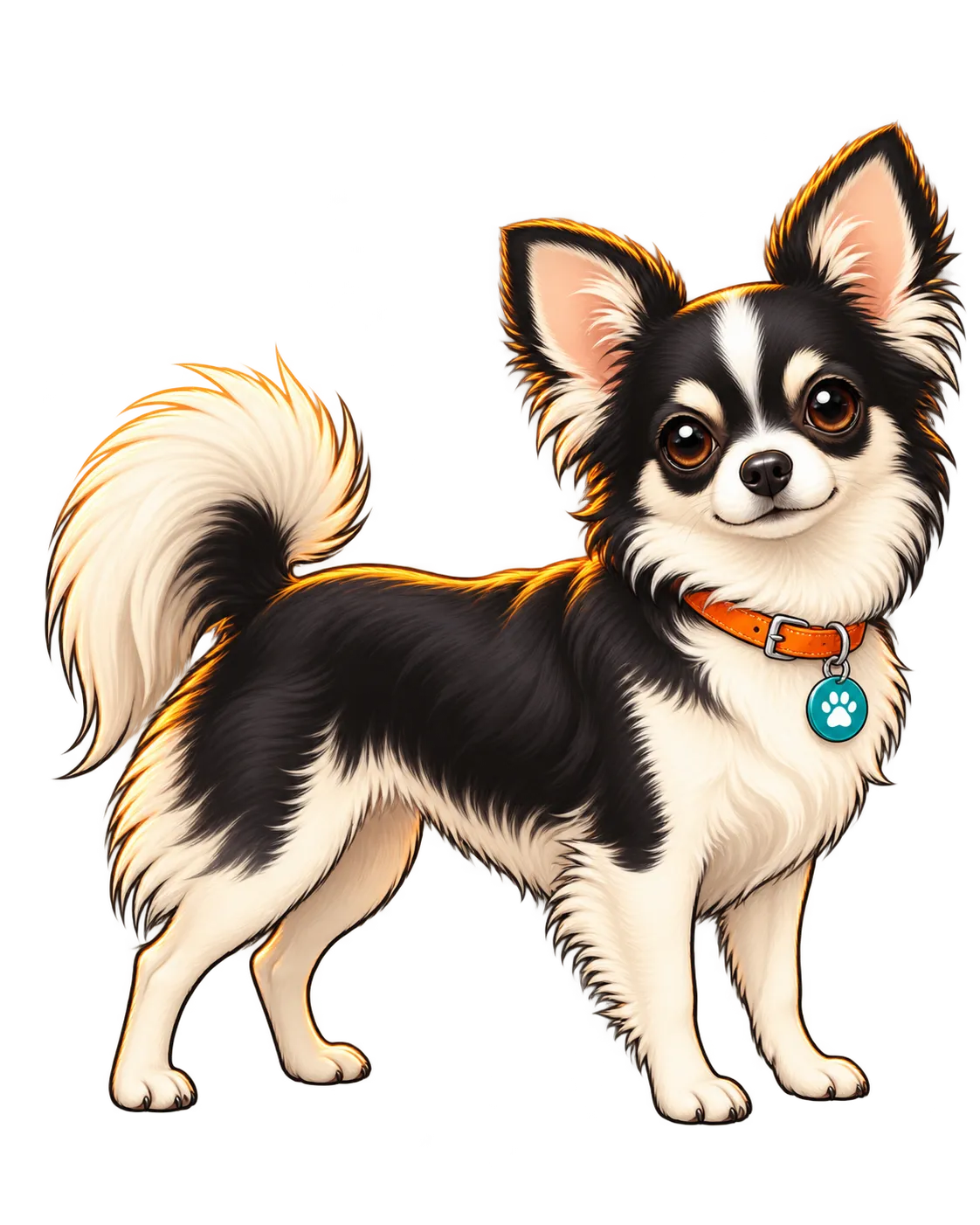 Illustration eines schwarz-weißen Chihuahuas im Profil, Taille und aufgezogener Bauch gut sichtbar.