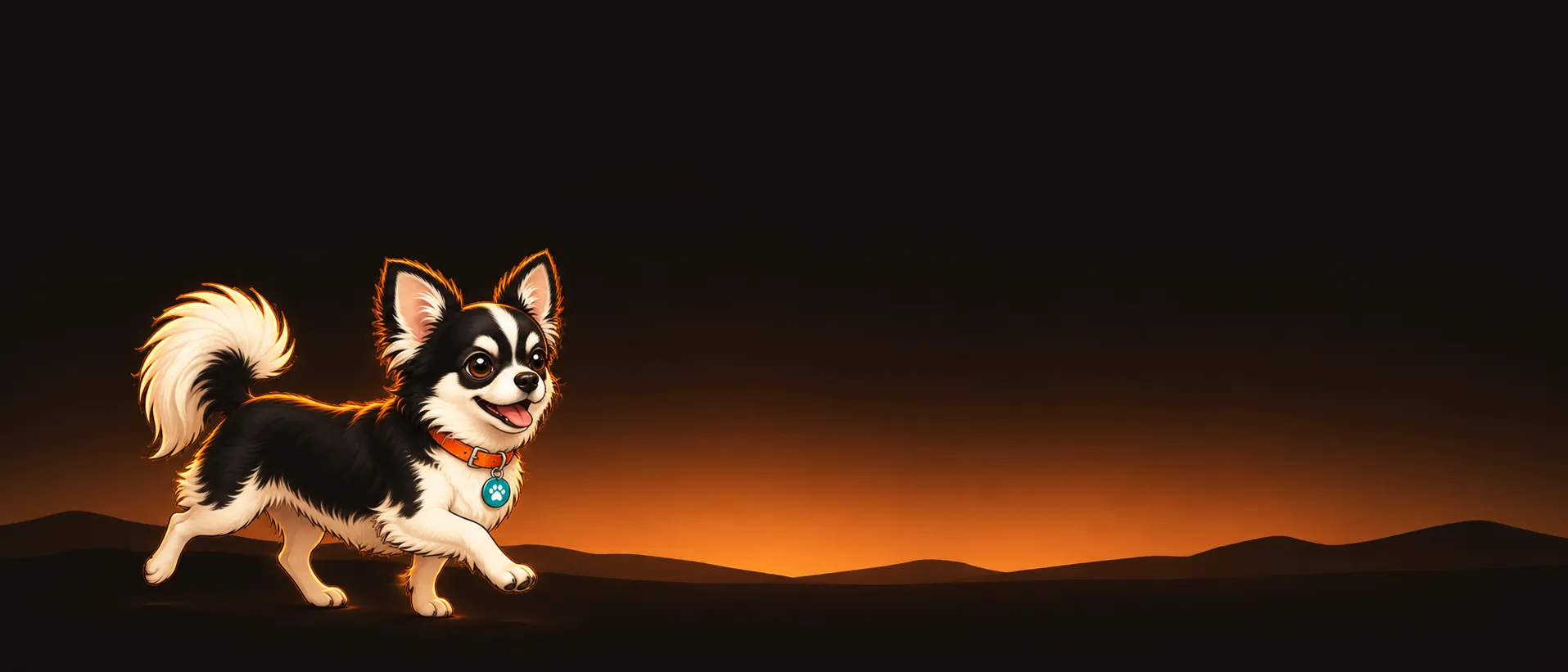 Illustration eines schwarz-weißen Chihuahuas, der unter einem bernsteinfarbenen Schein über ein dunkelbraunes Feld trabt.