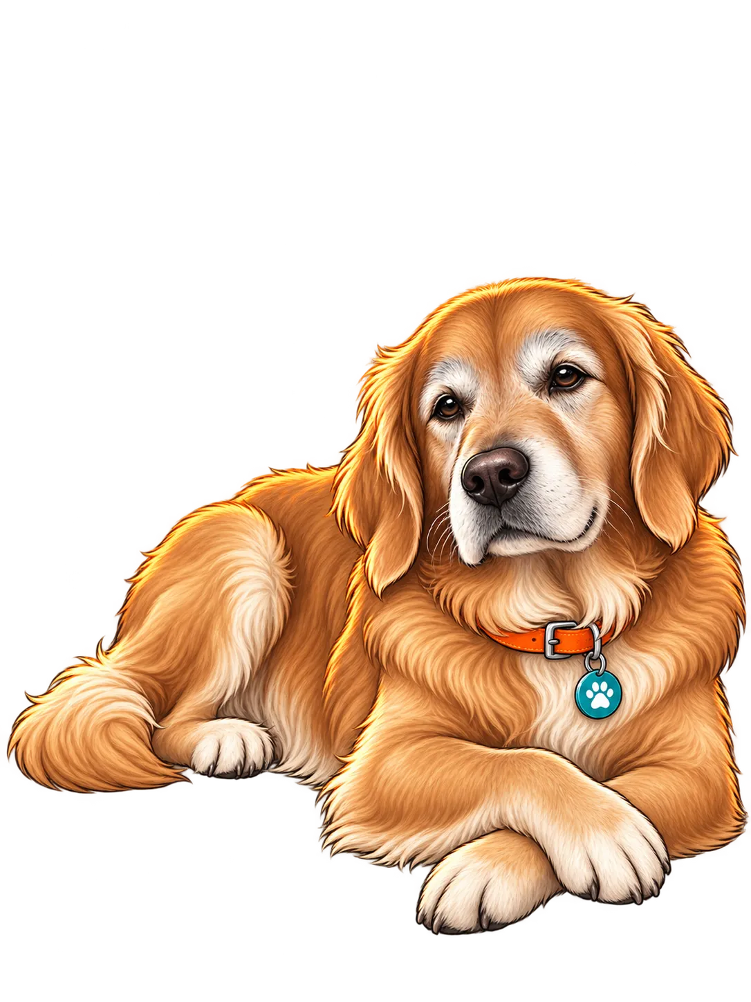 Illustration eines alten goldenen Hundes mit grauer Schnauze, der den Kopf auf den Pfoten ablegt.