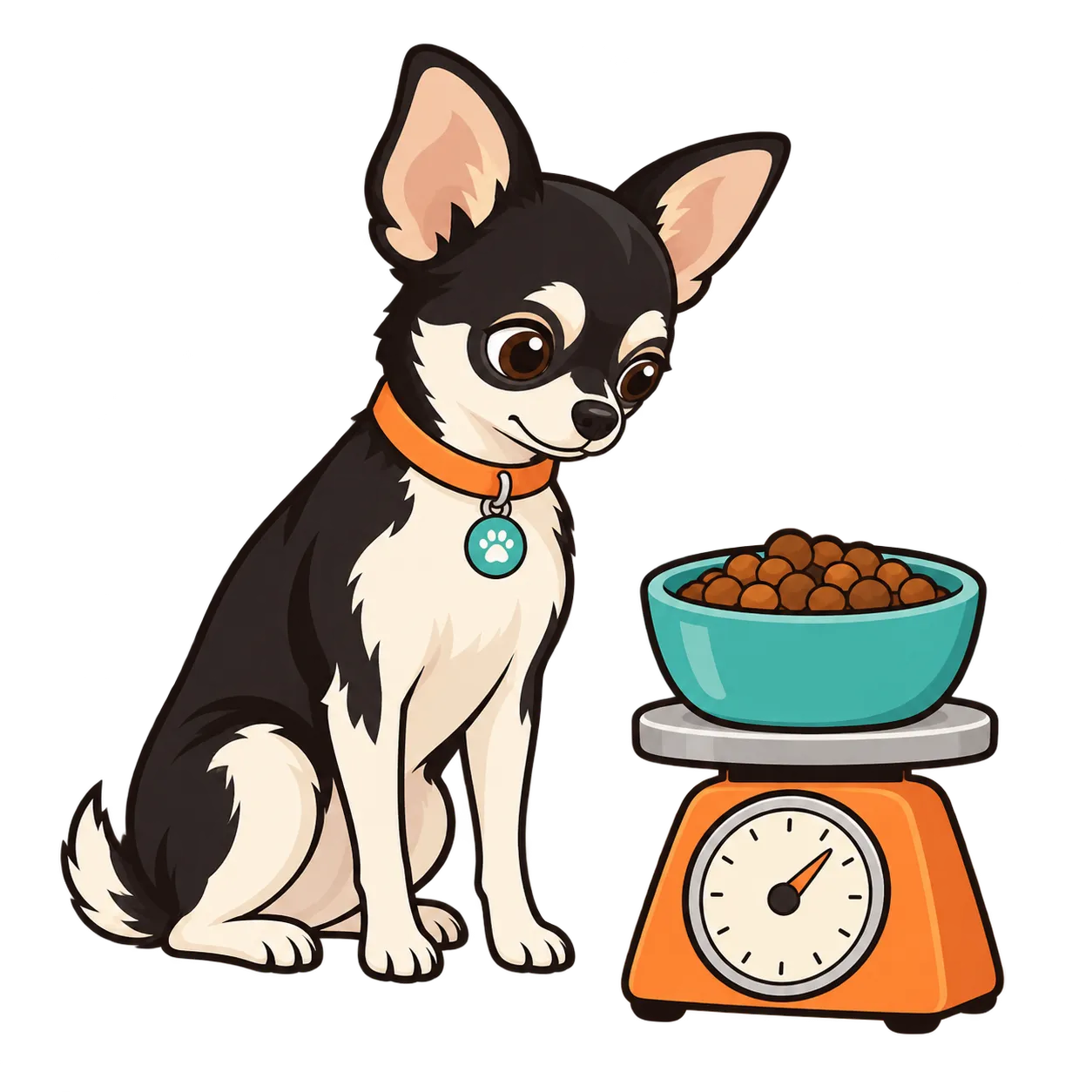 Illustration eines Chihuahuas, der neben einer Küchenwaage mit einer Schale abgewogenem Trockenfutter sitzt.