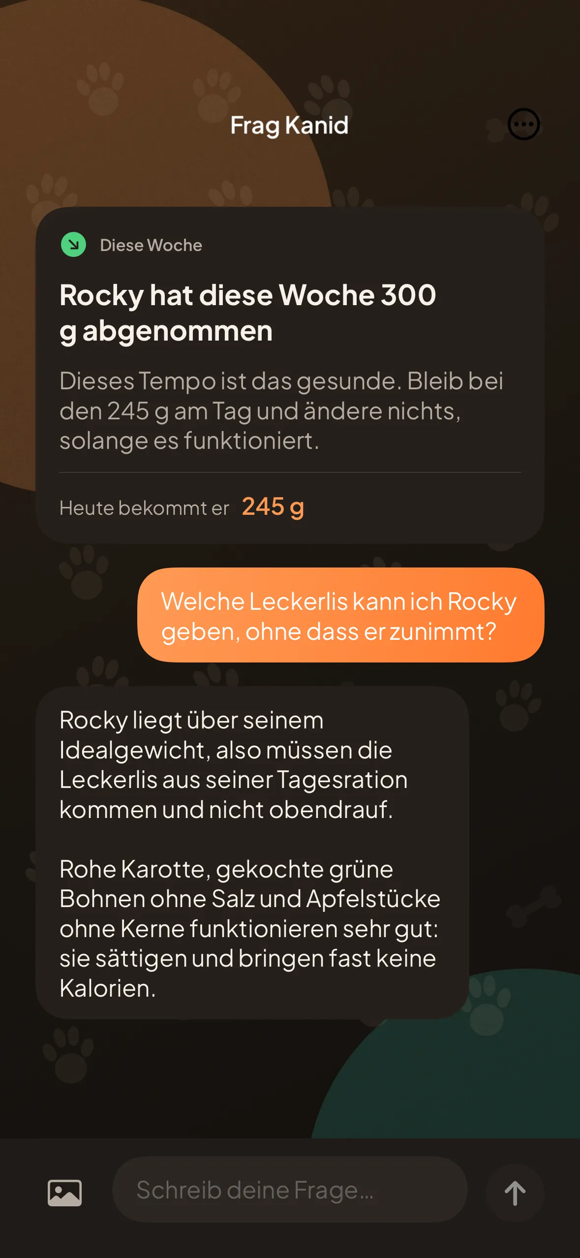 Der Chat-Bildschirm: die Karte der Wochenbilanz und eine Antwort über Leckerlis für einen Hund über seinem Idealgewicht.
