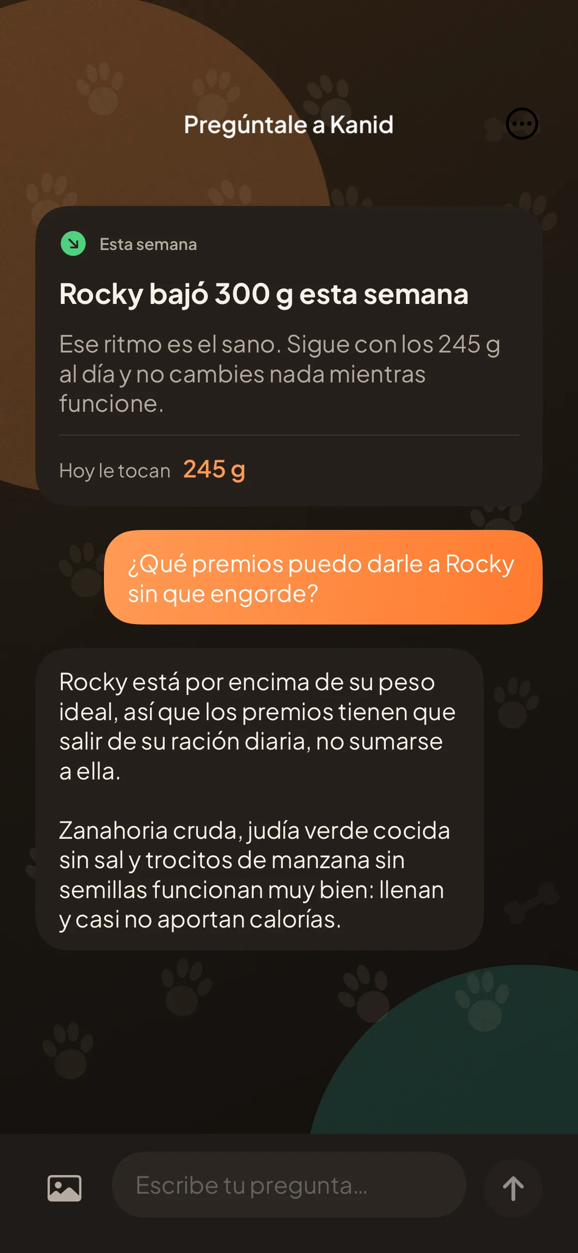 La pantalla de chat: la tarjeta de la revisión semanal y una respuesta sobre premios para un perro por encima de su peso ideal.