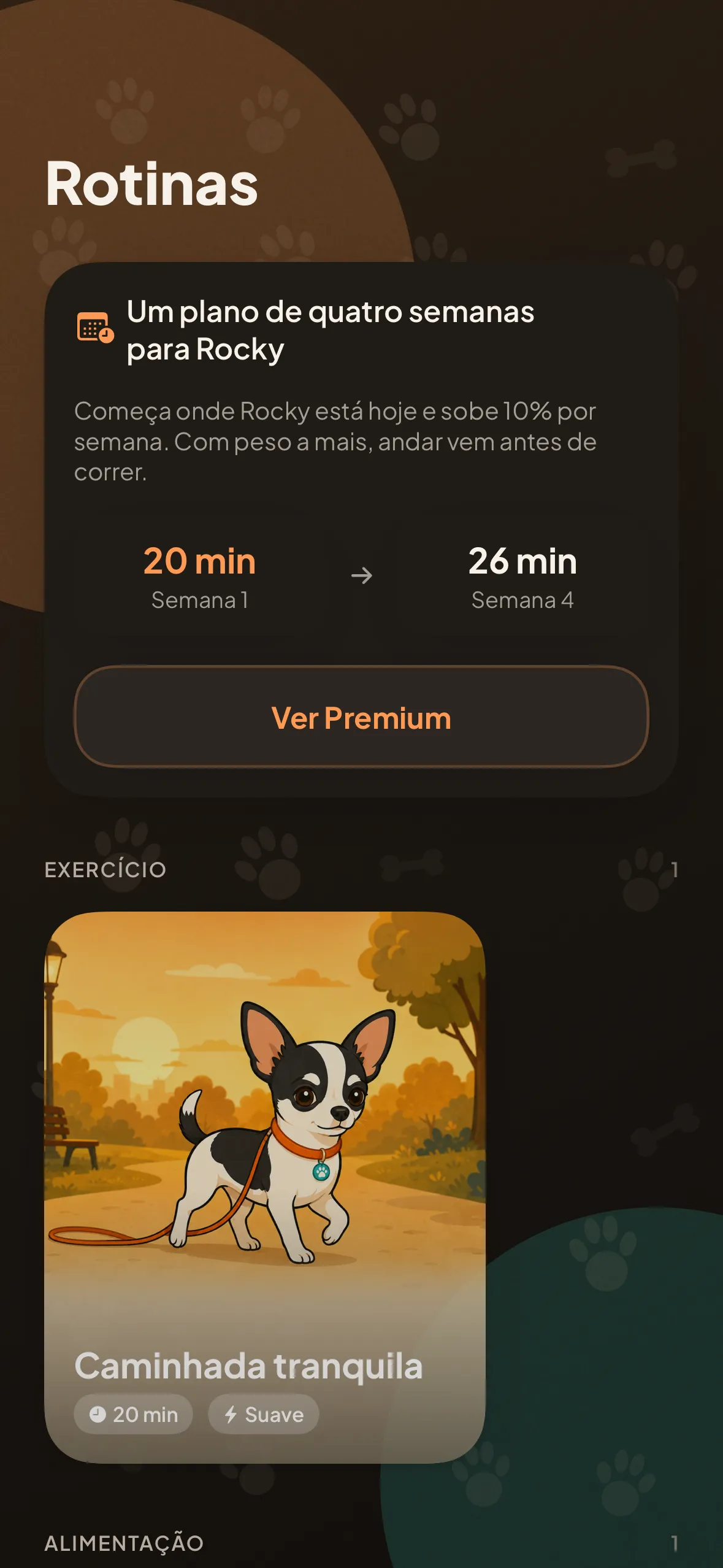 O ecrã de rotinas: um plano de exercício de quatro semanas e o catálogo por categorias.
